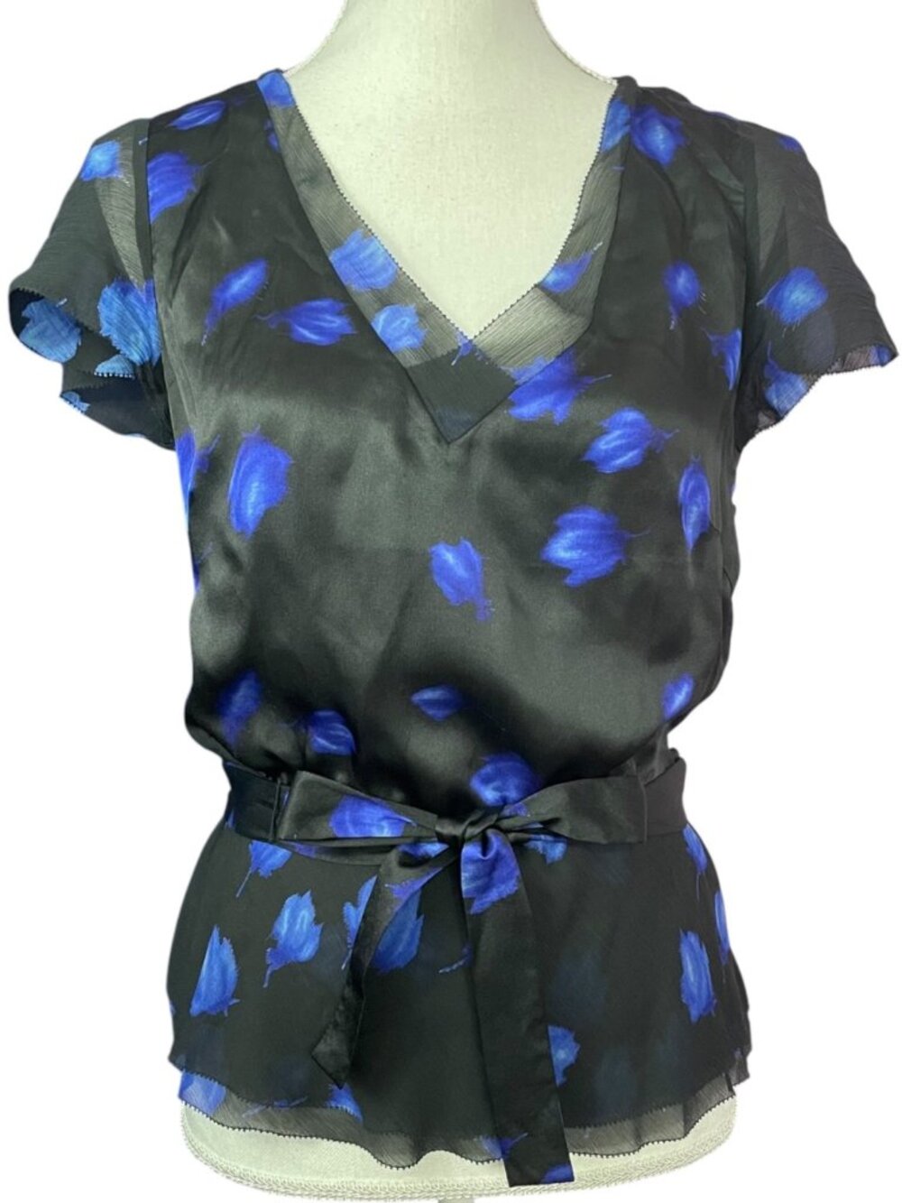 100% Silk Tie Waist Blouse NEW S Abstract Floral Blue Black Layered V-neck